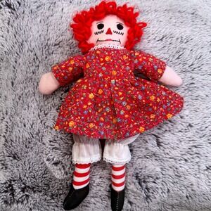 Raggedy Ann Doll Red Floral Dress Embroidered Eyes Face Yarn Hair Handmade Plush